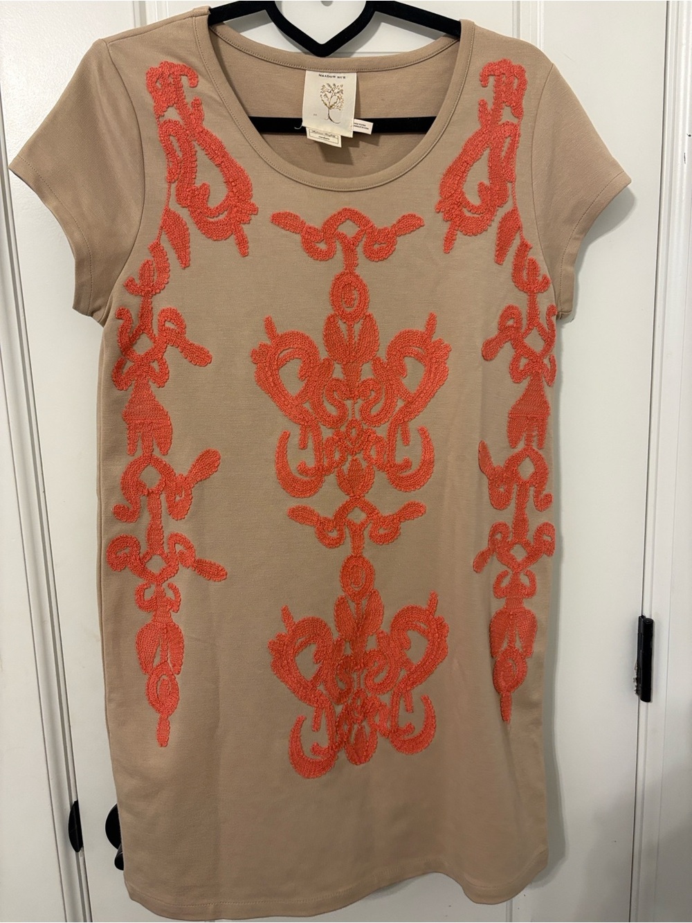 Meadow Rue Tan Dress with Orange Embroidered Detail